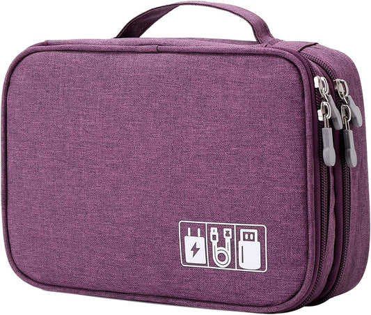 Travel Cable Organizer Bag, Electronic Accessories Case Portable Double Layer Cable Storage Bag for Cord,Phone,Charger, Flash Drive, Phone, SD Card,Personal Items - (Purple)