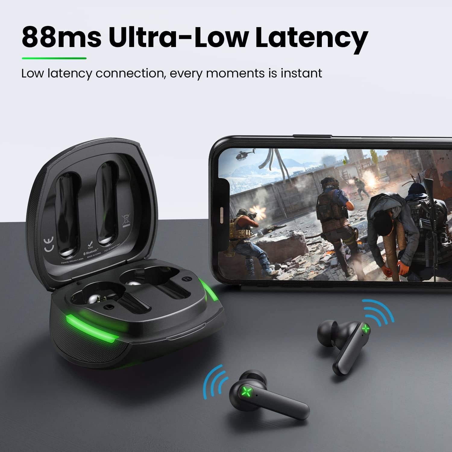 Wireless Gaming Earbuds with Microphone, 88Ms Ultra-Low Latency Bluetooth Earbuds Noise Cancelling, 30H Playtime Bluetooth Gaming Earbuds for PC, G01 Black