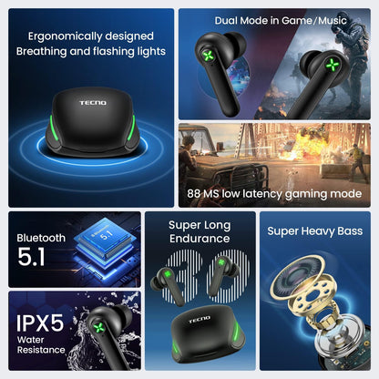 Wireless Gaming Earbuds with Microphone, 88Ms Ultra-Low Latency Bluetooth Earbuds Noise Cancelling, 30H Playtime Bluetooth Gaming Earbuds for PC, G01 Black